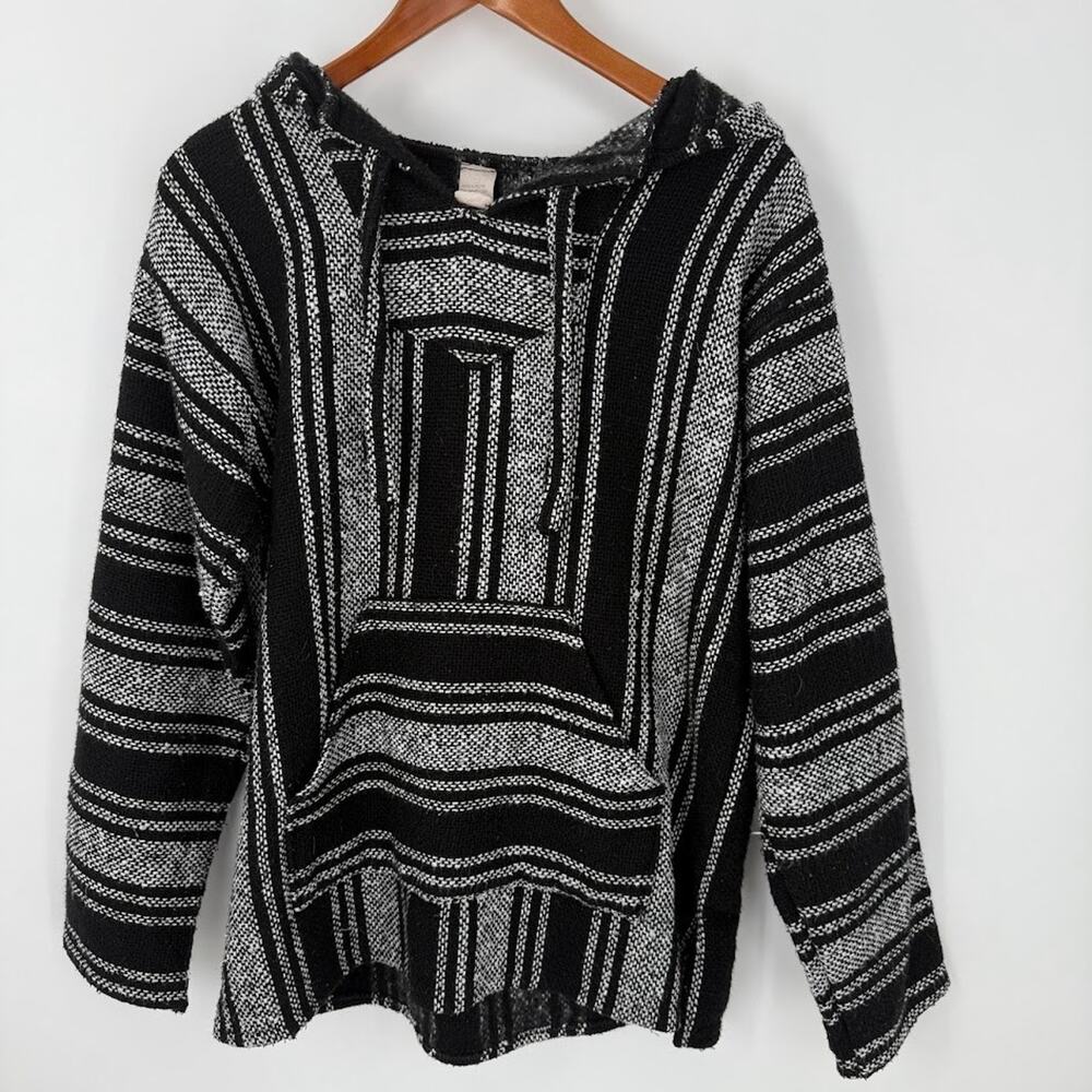 Baja Hoodie Pullover Black White Striped Mexican Sweater Men’s M Boho Surf